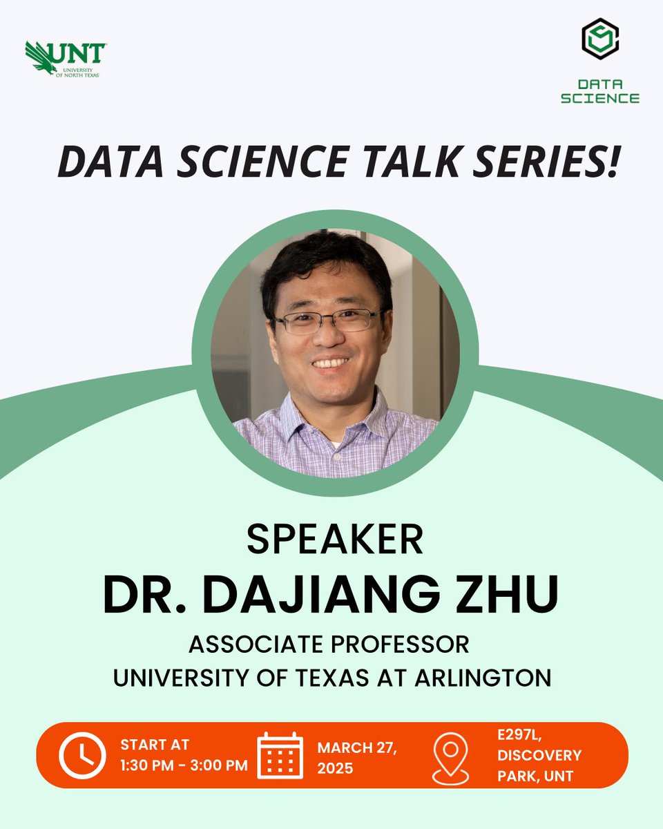 data_unt's tweet photo. 🔬 Data Science Talk Series: Brain and AI 🧠🤖

Dr. Dajiang Zhu, Associate Professor at The University of Texas at Arlington

Date: March 27, 2025
Time: 1:30 PM – 3:00 PM
Location: Room E297L, Discovery Park, UNT
💻 Zoom Link: https://t.co/homXwbYEc7
🎤 Coordinator: Kewei Sha https://t.co/mDz45IzJ7V