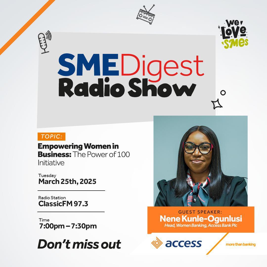 SME_Digest's tweet image. Tune in today on Classic Fm @ClassicFM973 as we discuss Empowering Women in Business. 7pm prompt.
#AccessSMEDigest