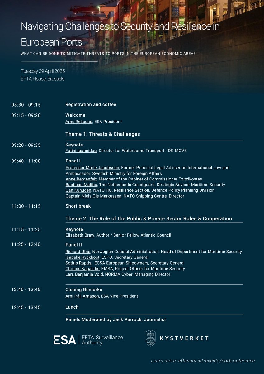 📢 Join us for our event on Navigating Challenges to Security &amp; Resilience in European Ports! 🚢   

Sign up here forms.office.com/e/ULu6vwNTPL   
📅 Tuesday, 29 April 2025 
🕖 09:00 – 13:30 CET 
📍 EFTA House, Brussels   

See the programme below - more details to follow!👇