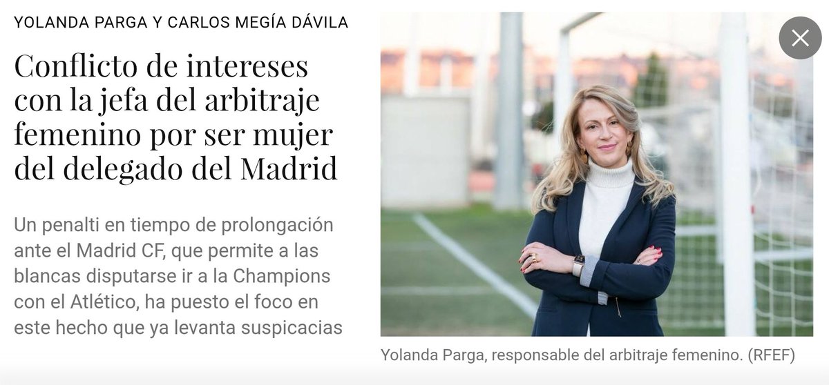 🤣🤣🤣🤣
No es ni cuestión de género, ni de capacidad. 
Es cuestión de lo mismo de siempre...

Solo el RM puede poner de jefa del arbitraje a la mujer de su delegado, Megia Dávila. 

Solo el RM puede poner de delegado a Megia Dávila nada más dejar el arbitraje. 

Pero Negreira...