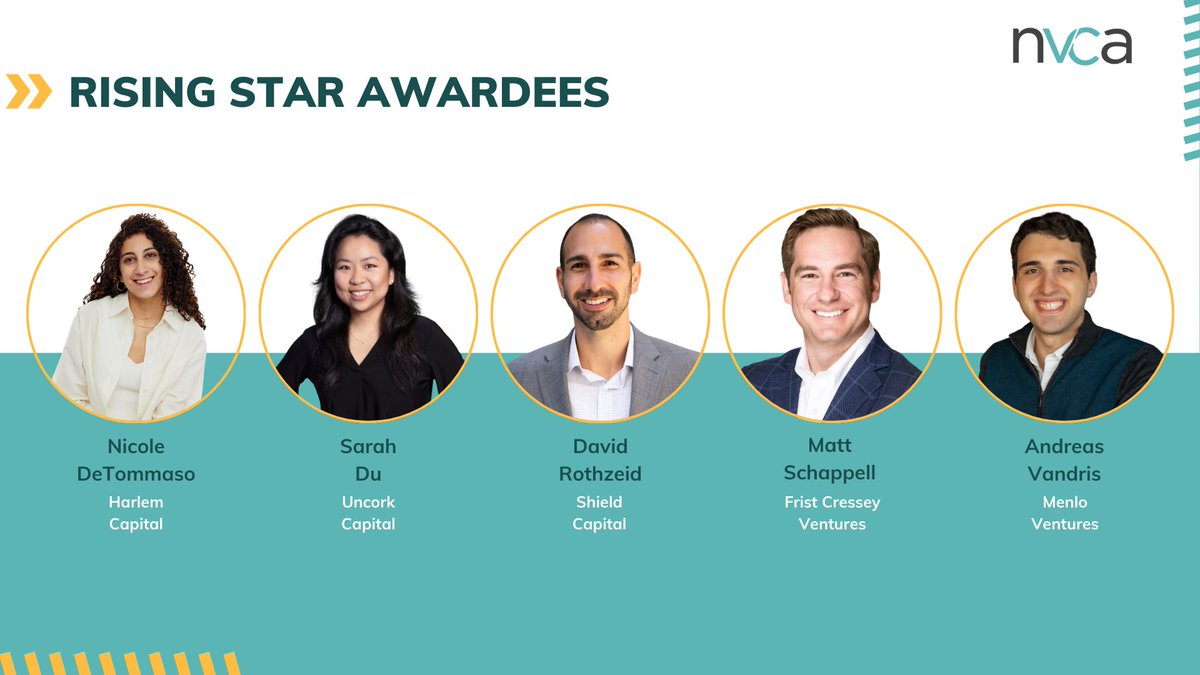 nvca's tweet image. Announcing NVCA 2025 Rising Stars ! 🚀

We’re celebrating Sarah Du, Andreas Vandris, Nicole DeTommaso, Matt Schappell, and David Rothzeid, investors shaping the future of VC through AI, healthcare, national security, and expanding access to venture.

Join us at the NVCA…