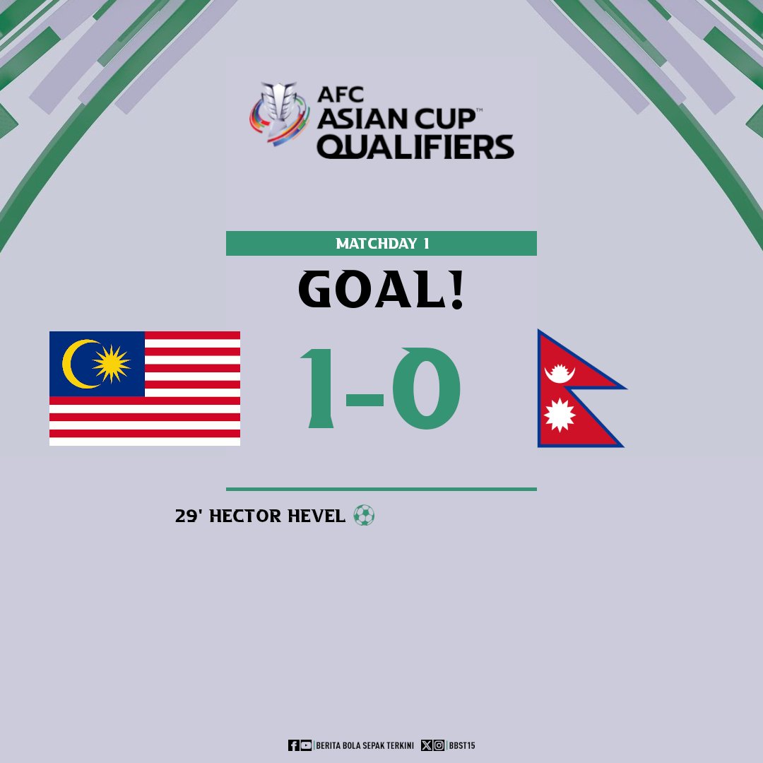 BBST15's tweet photo. GOOOLL!! 🇲🇾 Malaysia 1-0 Nepal 🇳🇵

📺 Astro Arena 801, Astro Arena Bola 803, TV Okey, Sukan RTM
📲 https://t.co/Vmi8XHzCHu

#ACQ2027 | #MASvNEP https://t.co/CNu8iEjXlz