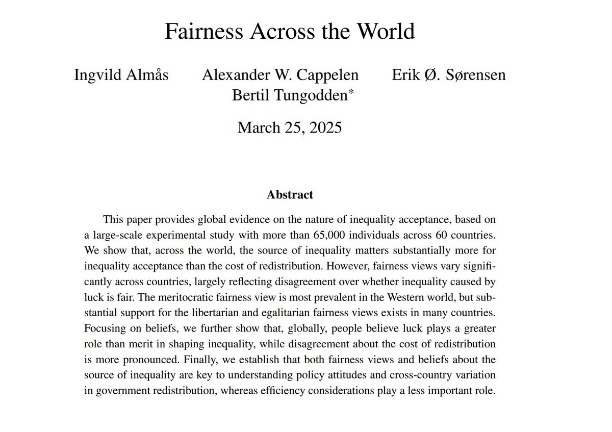 Morten N. Støstad (@mortenstostad) on Twitter photo NEW: A groundbreaking survey on fairness across the world with 65,000 individuals across 60 countries -- from colleagues at <a href="/NHHnor/">NHH Norwegian School of Economics</a> <a href="/TheChoiceLab/">FAIR-The Choice Lab</a>.
Key findings:
* The West is especially meritocratic
* What drives inequality? Globally, people believe luck matters more than merit NEW: A groundbreaking survey on fairness across the world with 65,000 individuals across 60 countries -- from colleagues at <a href="/NHHnor/">NHH Norwegian School of Economics</a> <a href="/TheChoiceLab/">FAIR-The Choice Lab</a>.
Key findings:
* The West is especially meritocratic
* What drives inequality? Globally, people believe luck matters more than merit