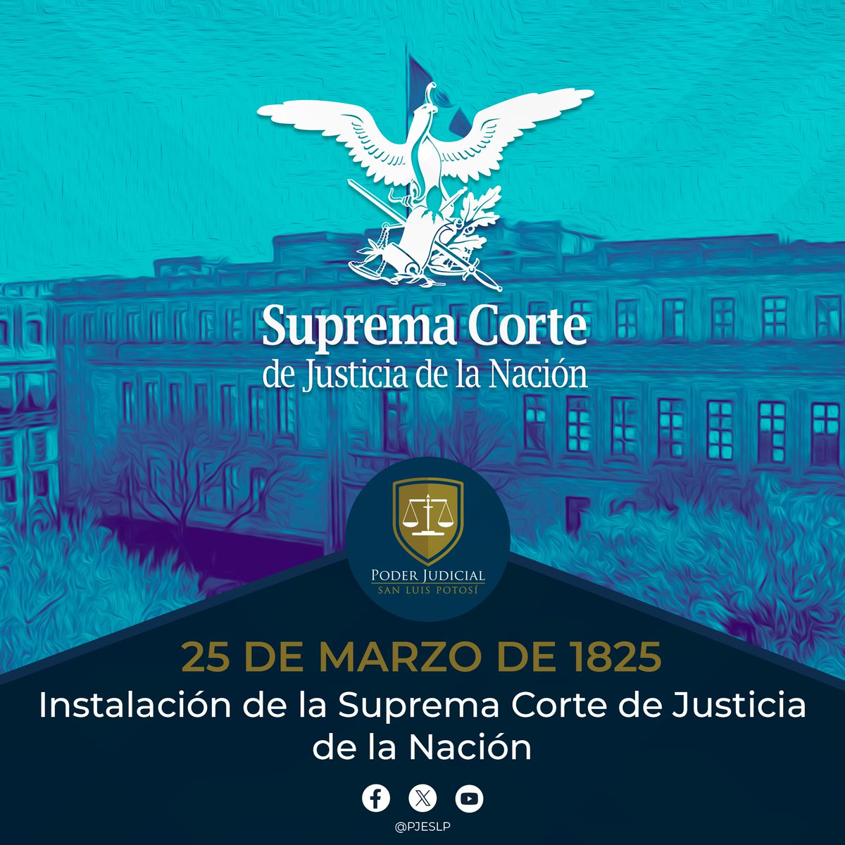#EfeméridesPJESLP🗓| La #SCJN, desde su instalación en 1825, ha sido garante de nuestros derechos ⚖

Desde el #PJESLP nos unimos a la conmemoración de este importante acontecimiento, honrando ese legado con equidad, profesionalismo y servicio a la sociedad 👩‍⚖️👨‍⚖️🇲🇽