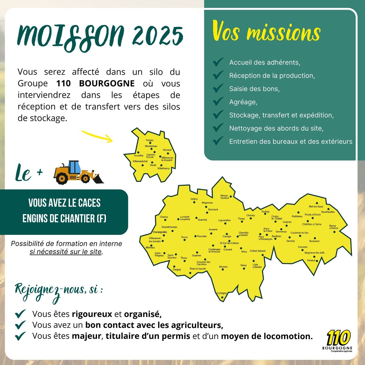 🌾🚜Rejoignez-nous pour la moisson 2025 ! 

👉🏻Consultez la liste des postes à pourvoir sur notre site internet : 110bourgogne.fr/moisson-2025-r…

Intéressé(e) ? Contacte-nous au plus vite !
ckony@seineyonne.fr   

#Saisonnier #Moisson2025 #JobÉté