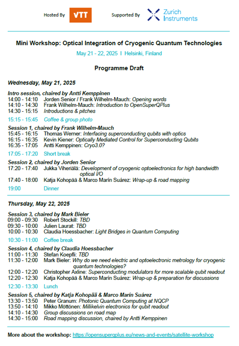 OpenSuperQPlus's tweet image. 📣 The #programme for our #workshop on 'Optical Integration of #Cryogenic #QuantumTechnologies' from 21 to 22 May in #Helsinki is ready❗
👉 opensuperqplus.eu/news-and-event…
Take the opportunity and register for #participation until next Monday❗
#OpenSuperQPlus
@VTTFinland @Zhinst