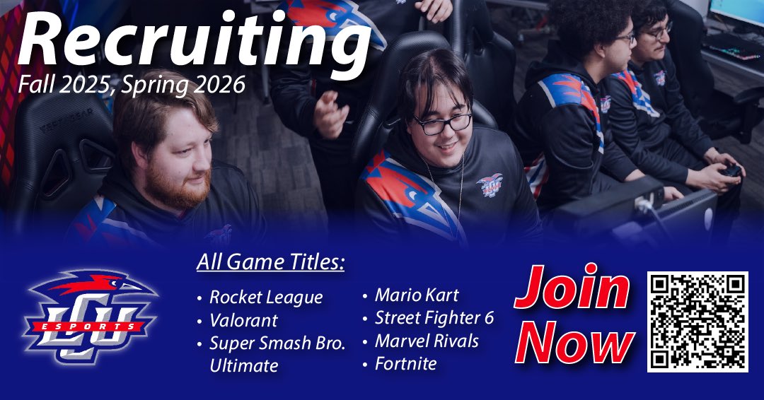 We Want YOU on Our Esports Team!

Are you ready to compete, dominate, and represent Lubbock Christian University? 🏆 

Scan the QR code &amp; apply today! Don’t miss your chance to be part of the squad!

#EsportsRecruitment #JoinTheSquad #CompetitiveGaming  #LCUChaps  #LCU