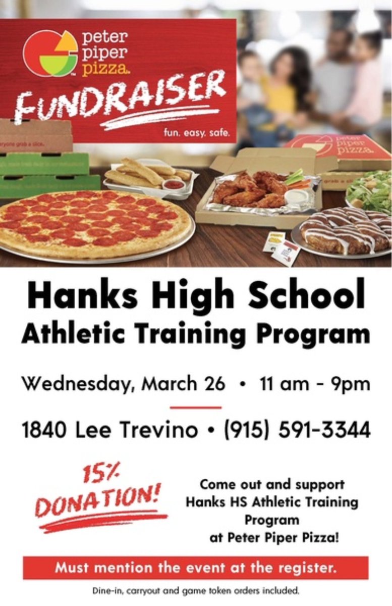 hhsrueda's tweet image. 🍕 Support the Hanks Athletic Training program tomorrow Wednesday March 26th at the Peter Piper Fundraiser! Anything helps! Come out and show some support! #NATM #PizzaWednesday 🍕