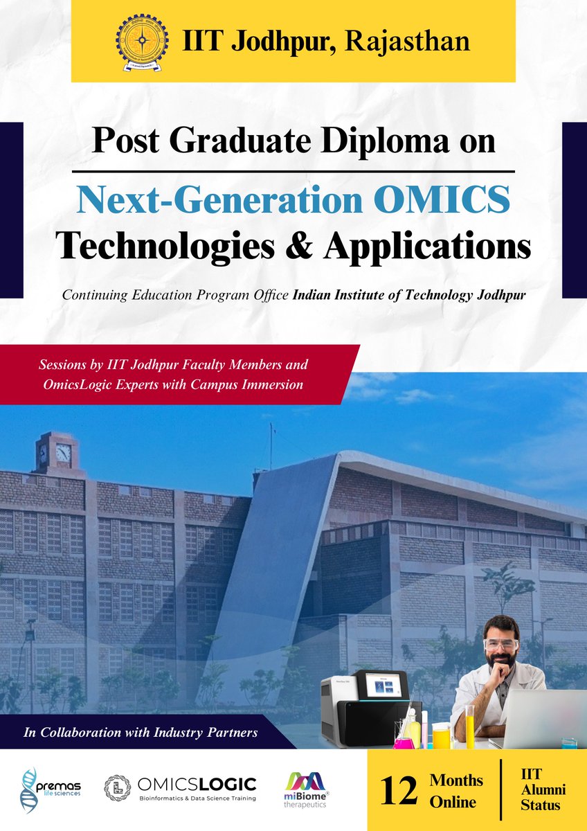 Applications OPEN for IIT Jodhpur PG Diploma on NGS OMICS Technologies &amp; Applications. Register: forms.gle/ypzoWL32PnNTWo…

Download brochure: drive.google.com/file/d/1mEtJam…