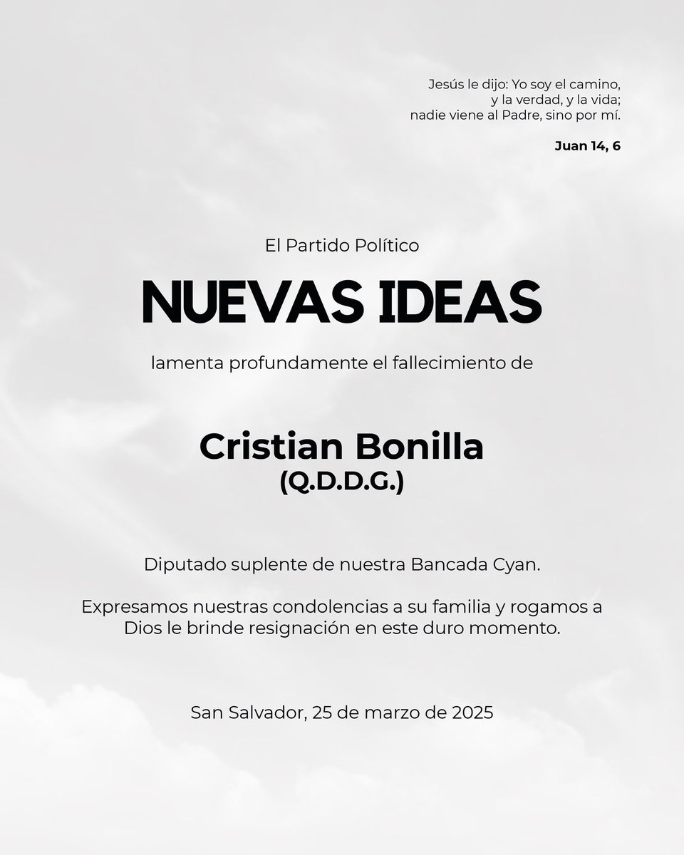 Lamentamos profundamente el fallecimiento de nuestro diputado suplente Cristian Bonilla. 

Acompañamos a su familia en este difícil momento y pedimos a Dios que les brinde consuelo y fortaleza.