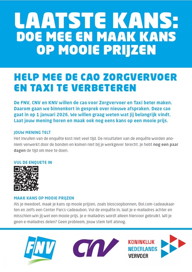 🚨 Werk jij in het zorgvervoer? Let dan op.🚕
✏️ Vul de cao-enquête in en draag bij aan betere arbeidsvoorwaarden! 
👉 bit.ly/4gBNEby
🤗 Onder de deelnemers worden mooie prijzen verloot.

#zorgvervoer #taxi #enquete #cao #arbeidsvoorwaarden