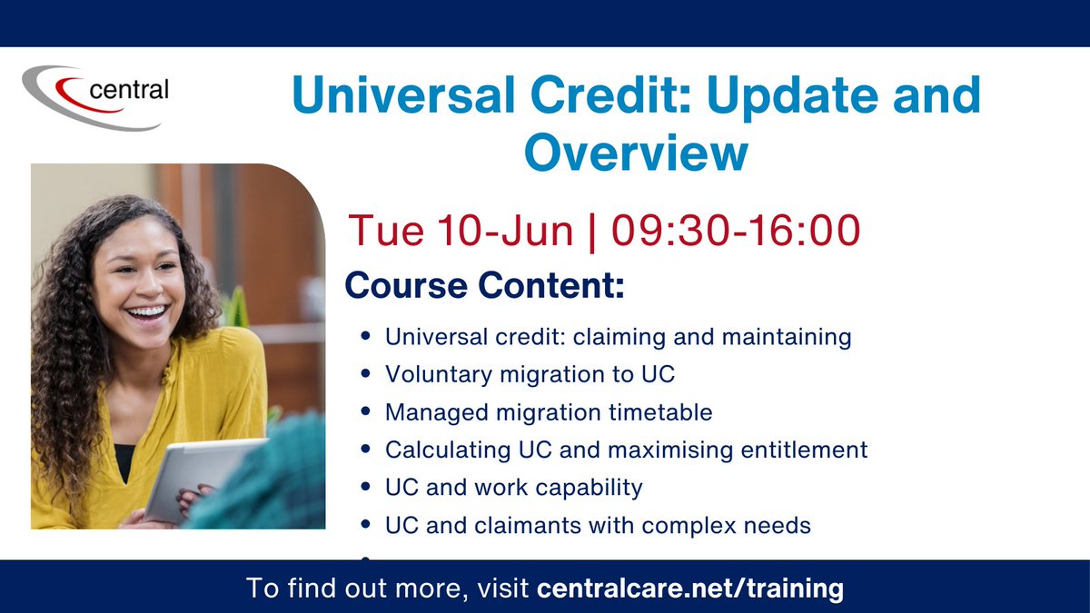 CentralCare's tweet image. @CentralCare’s Universal Credit: Update & Overview course aims to give an overview of Universal Credit (UC) and the "managed migration" of legacy benefits to UC. Book your space today!
#virtuallearning #training #opencourse
centralcare.net/training/open-…