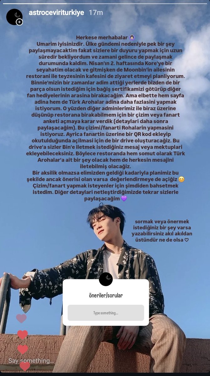Ha-Roha 🙆🏻‍♀️ Burada artık pek aktif olamasak da erişebildiğimiz kadar Roha'ya ulaşmak için paylaşmak istedik. Moonbin'in ailesinin restoranına Türk Rohalar'dan bir şey götüreceğiz, o yüzden fanart &amp; mesaj iletmek isteyenleri bekliyoruz 🤩

detaylar için IG: @/astroceviriturkiye 👇