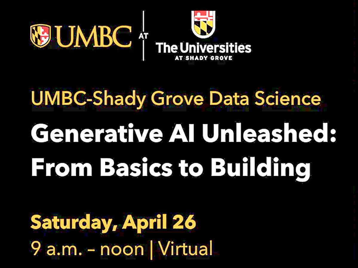 Explore the power of generative AI in this free 3-hour online workshop 4/26 sponsored by UMBC-Shady Grove. From fundamentals to hands-on practice, UMBC's data science program director Ali Yousuf will guide interactive activities for all skill levels. #AI ai.umbc.edu/news/post/1482…