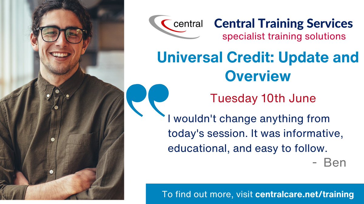CentralCare's tweet image. The trainer for @CentralCare’s Universal Credit: Update and Overview training (10/06) has had great feedback from delegates who have attended their training in the past. Book your space now! #OpenCourse #VirtualTraining #SocialCare
centralcare.net/training/open-…