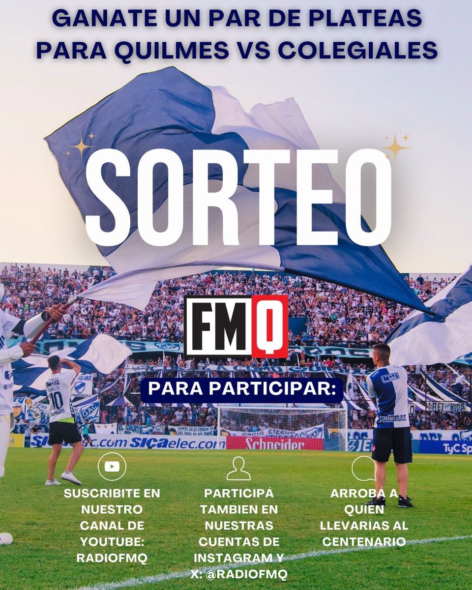 radiofmq's tweet photo. 🔖 GANATE PLATEAS PARA QUILMES VS COLEGIALES

📱 Ingresá y seguí nuestra cuenta de Instagram, dale like al post del sorteo y arrobá a quien llevarías al Centenario 🏟️ 

⏳Dale que se van antes de las 13 ⏳

#quilmes #sorteo #plateas #radiofmq #fmq #centenario #martes #futbol https://t.co/VpFZ7aVEqg