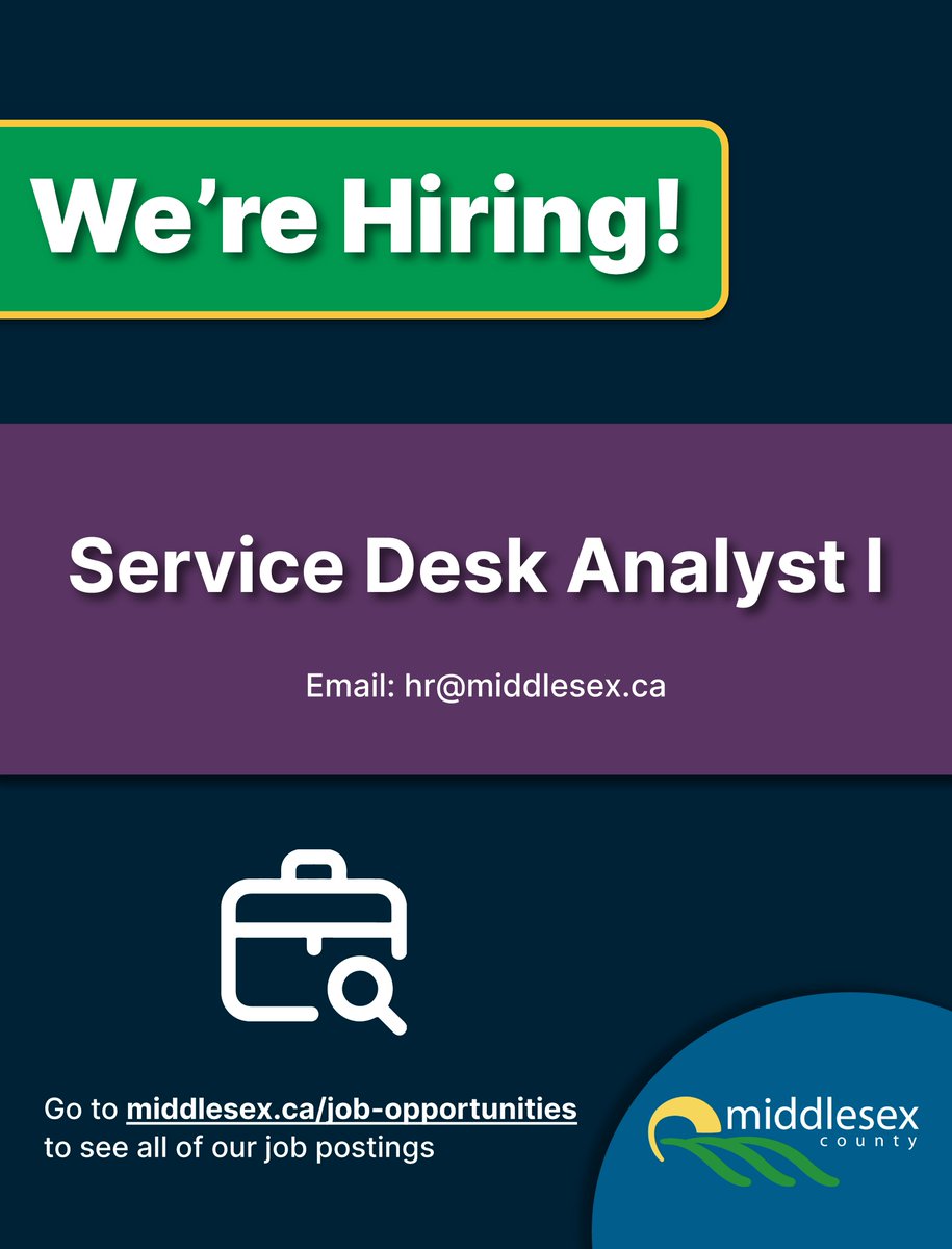 Middlesex County is hiring a Service Desk Analyst I to provide exceptional customer service and technical support as part of our Information Technology Services team! 
 
heck out the details and apply today: bit.ly/4iGmfqY

The deadline to apply is: Friday, April 4, 2025
