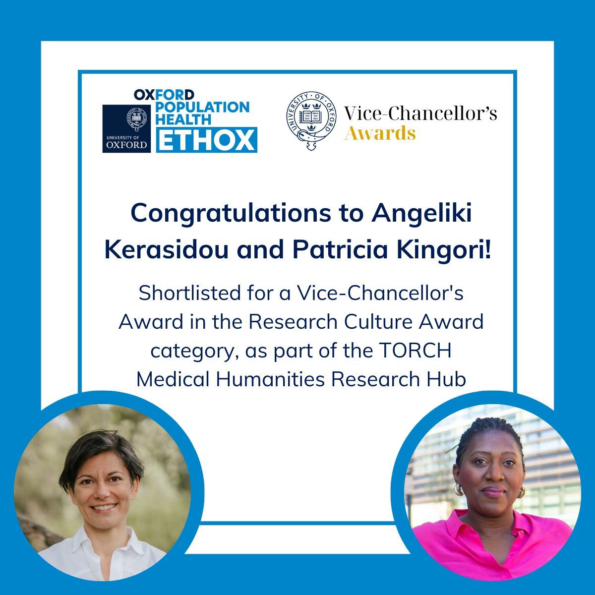 Oxford Population Health (OxPop) (@oxford_ndph) on Twitter photo Congratulations to Angeliki Kerasidou and Patricia Kingori, as part of the TORCH’s Medical Humanities Research Hub, who have been shortlisted for a Vice-Chancellor's Award in the Research Culture category!🎉
Find out more 👉 buff.ly/wgy2B6h
<a href="/Ethox_Centre/">Ethox Centre</a> | <a href="/TORCHOxford/">TORCH Oxford</a> Congratulations to Angeliki Kerasidou and Patricia Kingori, as part of the TORCH’s Medical Humanities Research Hub, who have been shortlisted for a Vice-Chancellor's Award in the Research Culture category!🎉
Find out more 👉 buff.ly/wgy2B6h
<a href="/Ethox_Centre/">Ethox Centre</a> | <a href="/TORCHOxford/">TORCH Oxford</a>