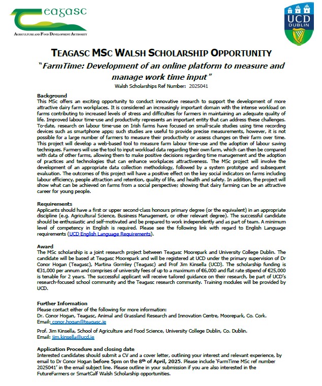 Conor Hogan (@c_hogan1) on Twitter photo Three exciting PhD and MSc opportunities to join our People in Dairy team in Teagasc Moorepark, working with <a href="/ucdagfood/">UCD School Ag & Food</a>, on generational renewal and workload management. Great opportunities for upcoming or recent graduates in important areas. Full details: lnkd.in/eSuUsbUg Three exciting PhD and MSc opportunities to join our People in Dairy team in Teagasc Moorepark, working with <a href="/ucdagfood/">UCD School Ag & Food</a>, on generational renewal and workload management. Great opportunities for upcoming or recent graduates in important areas. Full details: lnkd.in/eSuUsbUg