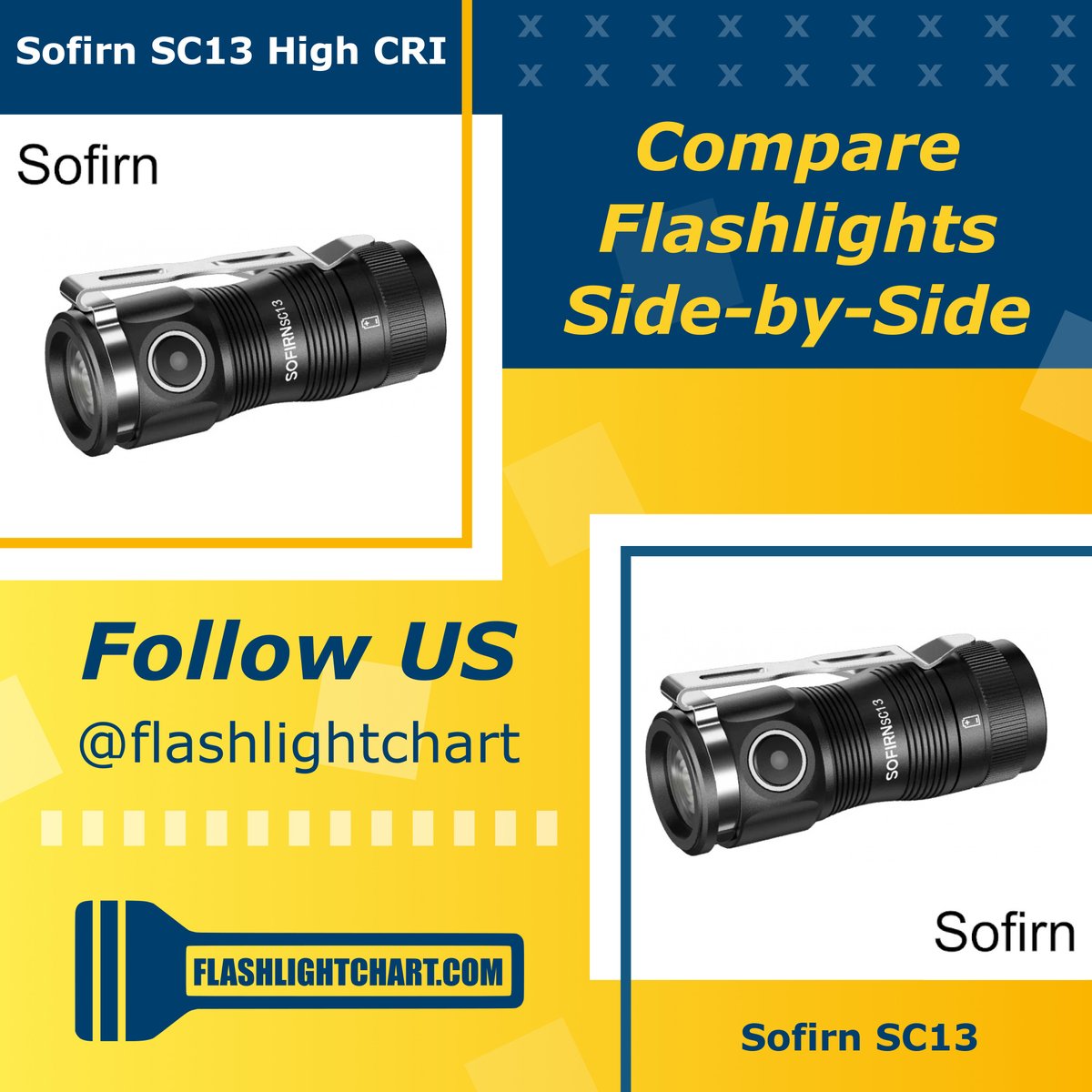 FlashlightChart's tweet image. The side-by-side comparison of the Sofirn SC13 High CRI and SC13 flashlights.

#Sofirn #SofirnFlashlights
#flashlights #torch #ledtorch
#flashaholic #flashlightfanatic #flashlightcommunity #ledflashlights

#edc #everydaycarry #edcgear

flashlightchart.com/compare/sofirn…
