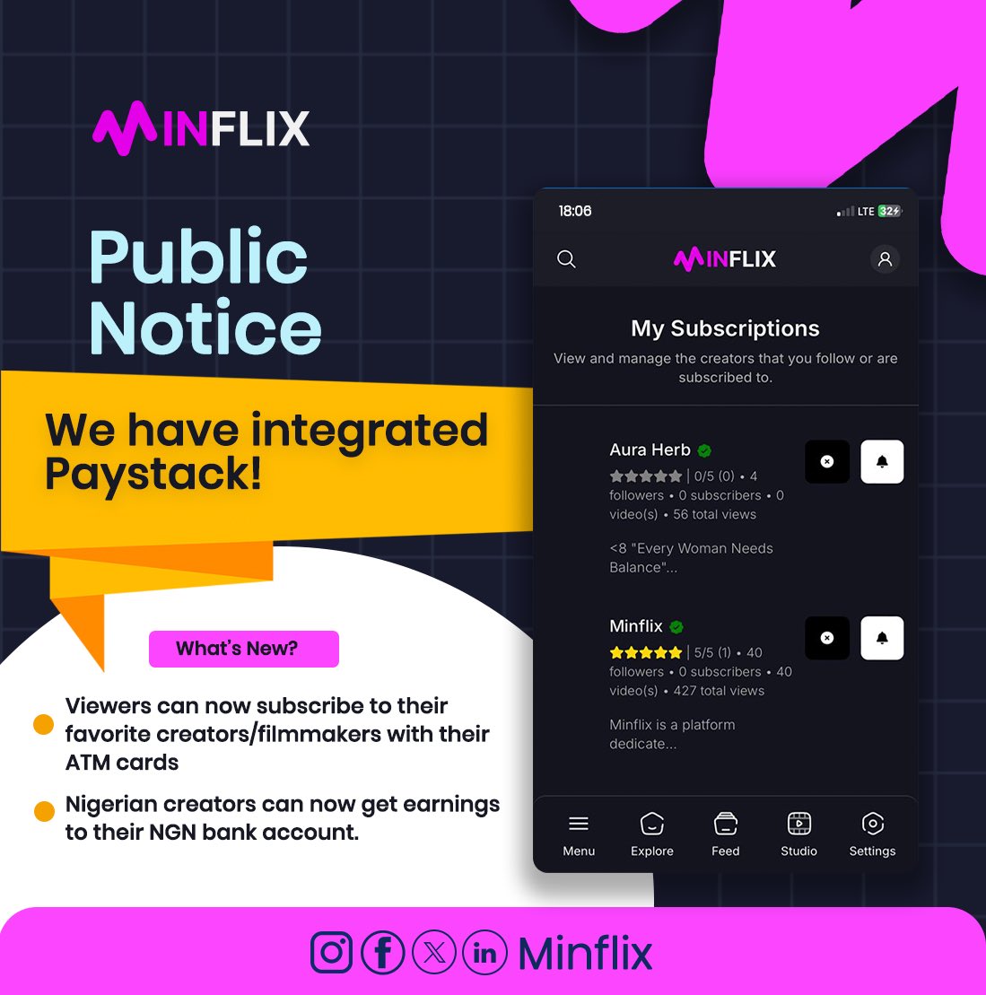WatchMinflix's tweet photo. Exciting News for Nigerian Creators! 🎉

Paystack is Live! now you can receive your earnings directly in your Nigerian bank account! Viewers can also subscribe seamlessly using their debit/credit cards. 

Monetizing your short films and creative content has never been easier! https://t.co/fCCXbFHVp1
