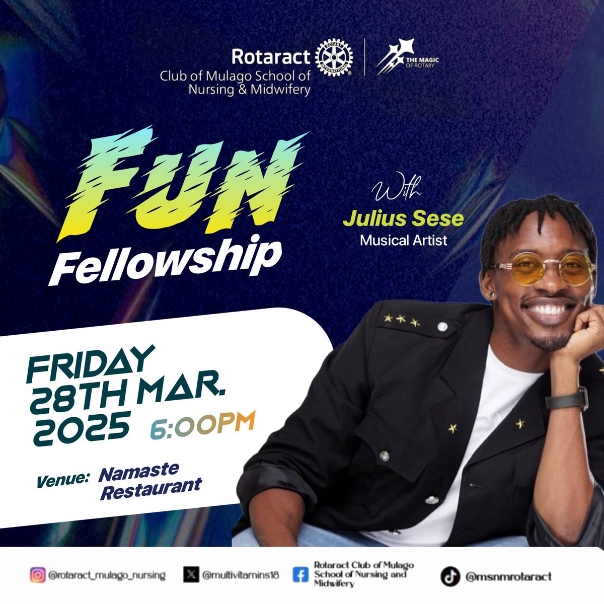 🎶🔥 Vibes on vibes! Join us for the FUN Fellowship with the sensational Julius Sese 🎤💃🏾! It’s all happening on Friday, March 28th, 2025, at 6 PM at Namaste Restaurant! 🌟✨

Good music, great company, and unforgettable moments await! Don't miss out! 🎊🎶 #FunFellowship