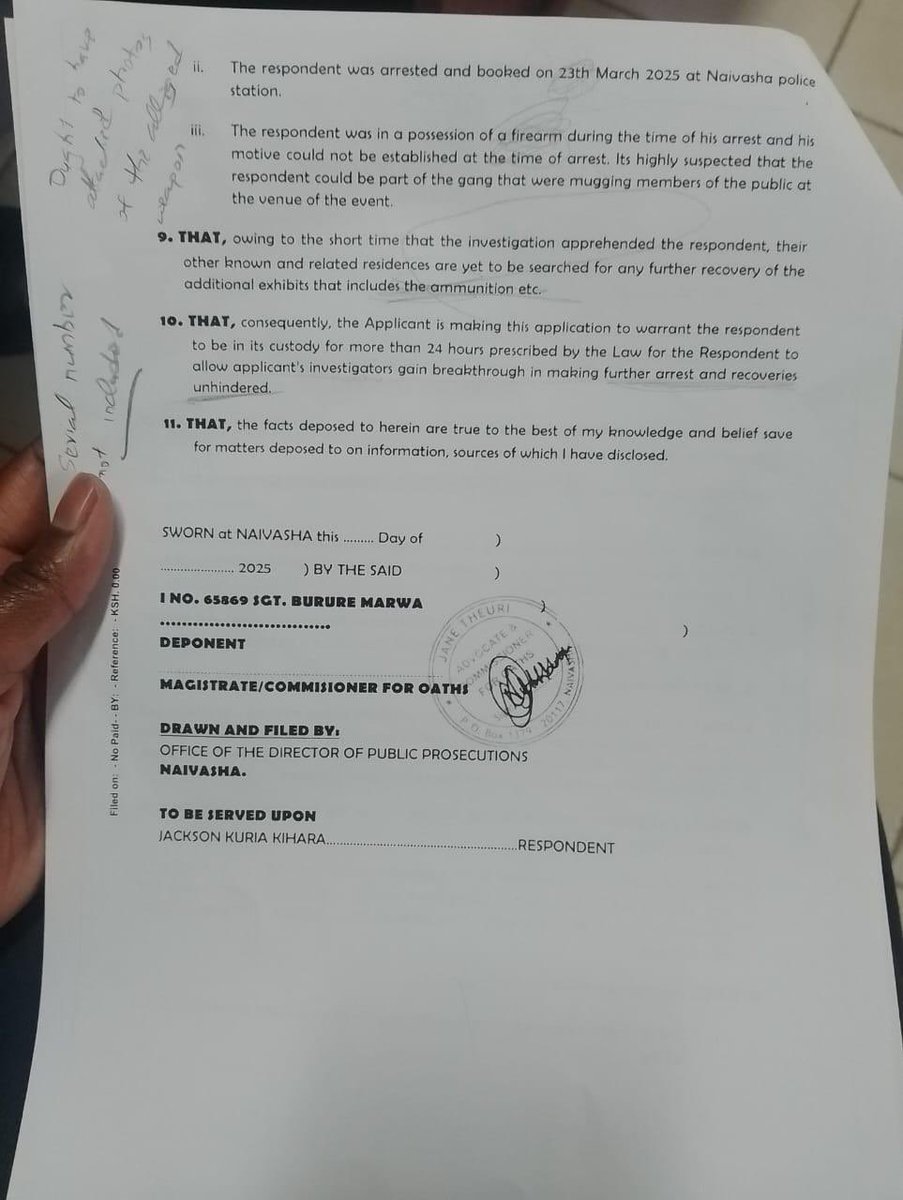 Honeyfarsafi's tweet photo. Hello guys. The government is setting up @CopShakur for possession of a firearm and he’s currently in a cell in Naivasha for days now. A lawyer from LSK is on it and I’ve spoken to him. They’re holding him refusing to give him bail or take him to court. My Naivasha people would be great to show solidarity with Shaqur by visiting him. Let’s all stand with cop shakur who’s being targeted unfairly by the state for standing up for what’s right. Here’s the affidavit and what they’re apparently “investigating” 
#FreeCopShakur
