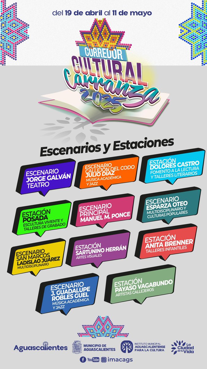 Estos son los eventos culturales de los cuales podrás ser parte desde el 🗓️ 19 de abril hasta el 11 de mayo en el Corredor Cultural Carranza. 

¡No se lo pueden perder!, solo en la Feria más grande de México, la Feria Nacional de San Marcos 2025 🤩🥳.