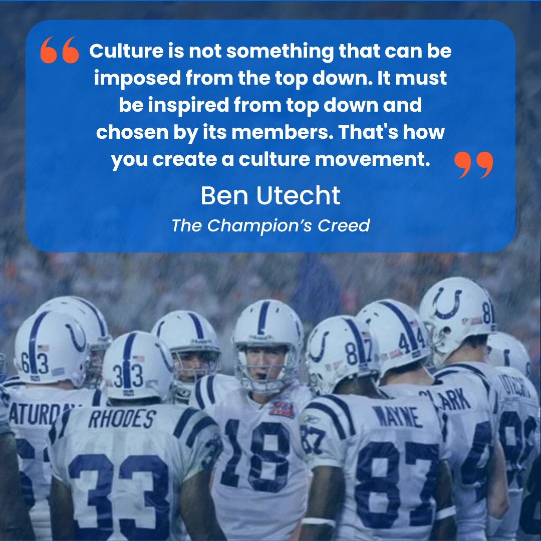 Culture is not something that can be imposed from the top down. It must be inspired from top down and chosen by its members. That's how you create a culture movement.

Pre-order The Champion's Creed book now! benutechtspeaks.com/the-champions-… #culture #culturetransformation #business
