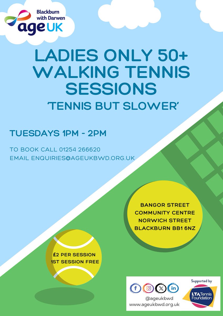 ‘Walking Tennis’ sessions from <a href="/AgeUKBwD/">AgeUKBwD</a> are taking place at Bangor Street community Centre – for women only aged 50 plus.

These will be on Tuesdays from 1pm until 2pm starting on 15th April

For information call 01254 266620. First session is free and only £2 thereafter