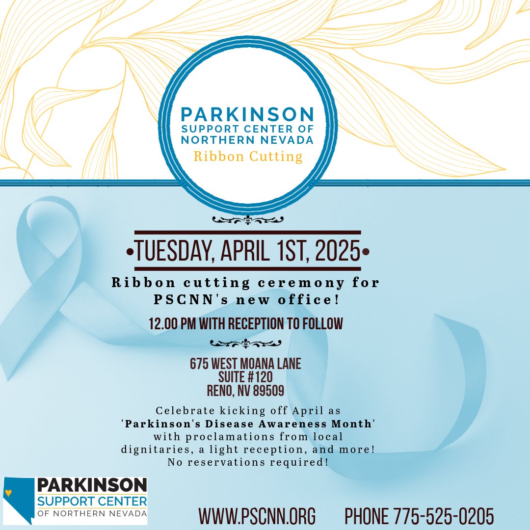 ParkinsonofNNV's tweet image. 1 Week Away! Join us April 1st at 12 PM for our Ribbon Cutting at 675 W. Moana Ln, Suite 120 as we kick off Parkinson’s Disease Awareness Month!  We’re honored to receive recognitions from @RSChamberNV  @CityofReno @washoecounty &amp;amp; Sen. Jacky Rosen! See you there!
#PDAwareness