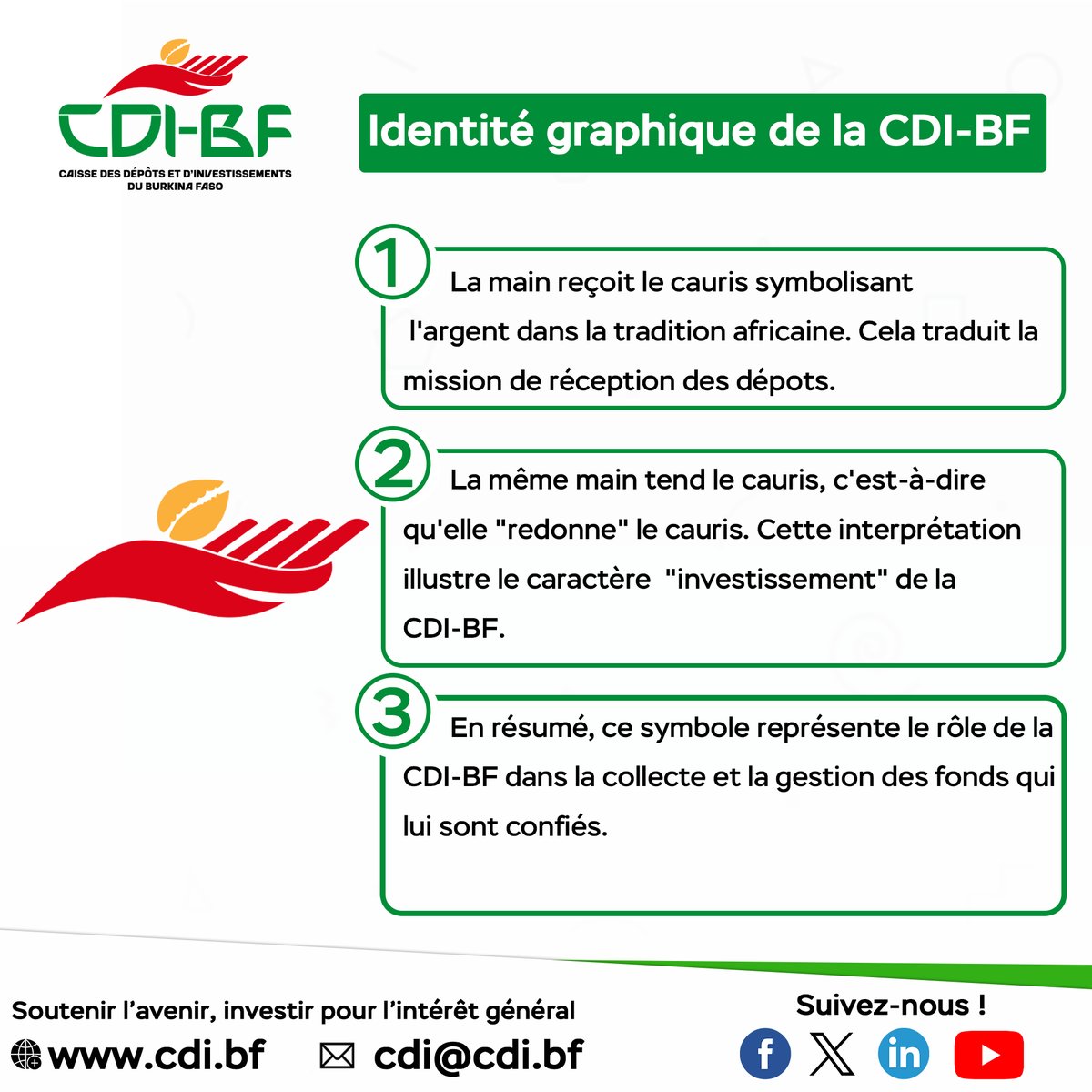 cdi_bf's tweet photo. L'identité graphique de la CDI-BF
Ce symbole représente le rôle de la CDI-BF dans la collecte et la gestion des
fonds qui lui sont confiés.
#CDIBF
#logo
#chartegraphique
#dépots
#Investissements https://t.co/H88dVZFo2H