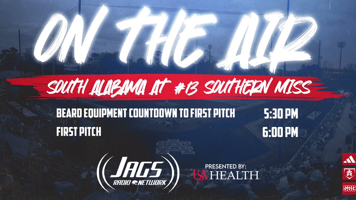 Jags Radio Network (@jagsrn) on Twitter photo Back on the road! <a href="/SouthAlabamaBSB/">South Alabama Baseball</a> travels 90 minutes west to face #13 Southern Miss! Join <a href="/JTCrabtreeUSA/">JT Crabtree</a> for the call!
๐: usajaguars.com/ontheair Back on the road! <a href="/SouthAlabamaBSB/">South Alabama Baseball</a> travels 90 minutes west to face #13 Southern Miss! Join <a href="/JTCrabtreeUSA/">JT Crabtree</a> for the call!
๐: usajaguars.com/ontheair