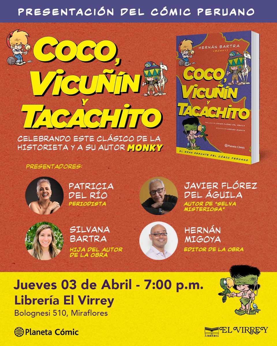 El jueves de la semana que viene, una noche única para celebrar un cómic legendario: 70 años después de su creación, COCO, VICUÑÍN Y TACACHITO regresan a todas las librerías peruanas.
Lo celebraremos con esta velada en <a href="/elvirreylibros/">Librería El Virrey 📚</a> por todo lo alto.
Ingreso gratuito.