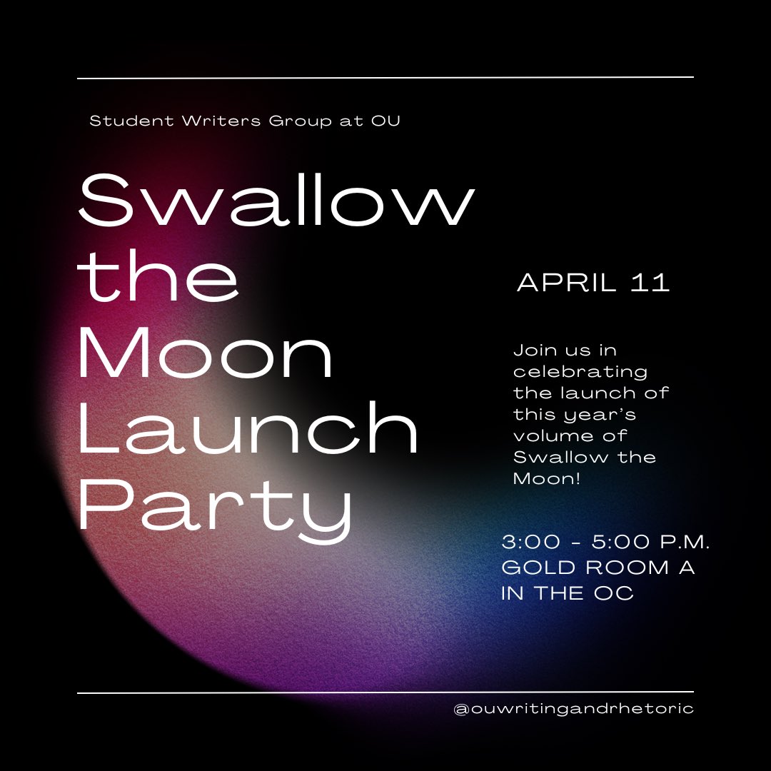 Come celebrate the latest volume of OU’s literary journal, Swallow the Moon, on April 11!

#writing #rhetoric #oaklanduniversity