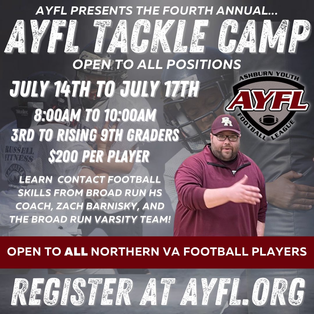 Registration is now open for our fourth annual AYFL Tackle Camp! Players will work on contact drills with coaches and players from Broad Run HS varsity football! 

This camp is STRONGLY encouraged for AYFL Tackle Players!

Register at AYFL.org today!

#AYFL