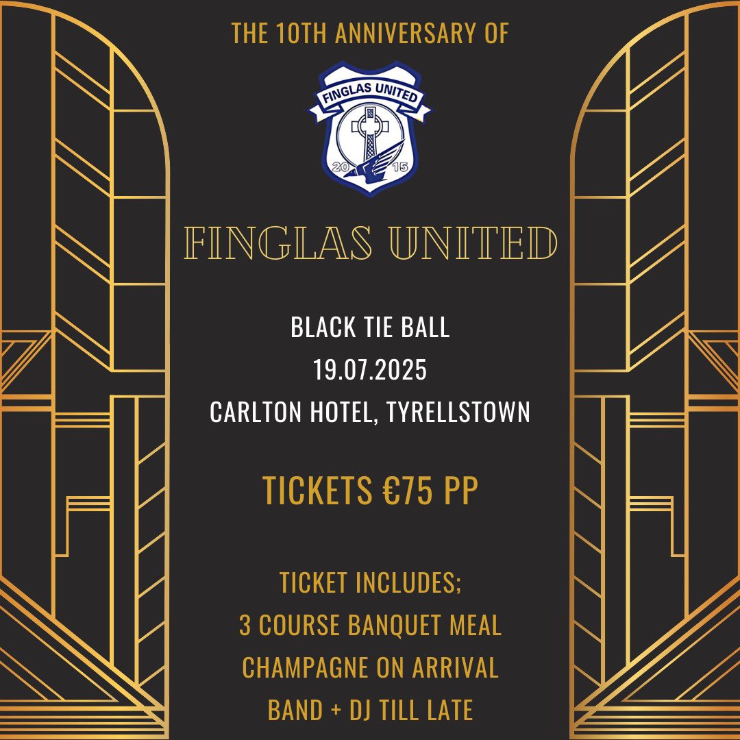 𝗙𝗶𝗻𝗴𝗹𝗮𝘀 𝗨𝗻𝗶𝘁𝗲𝗱 𝟭𝟬𝘁𝗵 𝗔𝗻𝗻𝗶𝘃𝗲𝗿𝘀𝗮𝗿𝘆🎉🍾

A great night in store to celebrate 10 Years as Finglas United. 

The night will include 3 course meal &amp; band/DJ till late and promises to be a fabulous night🎉