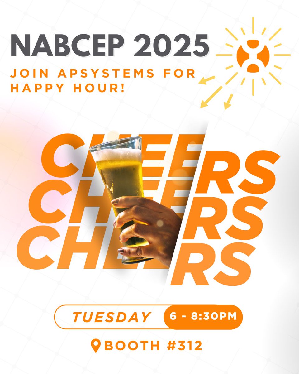 APsystemsSolar's tweet image. 🍻 It’s almost Happy Hour!

Join us tonight from 6–8:30pm for drinks, great company, and the best networking at #NABCEP 2025!

Connect with fellow solar professionals, meet the APsystems team, and enjoy a fun evening with the #APsystems team. ☀️ 

See you there!