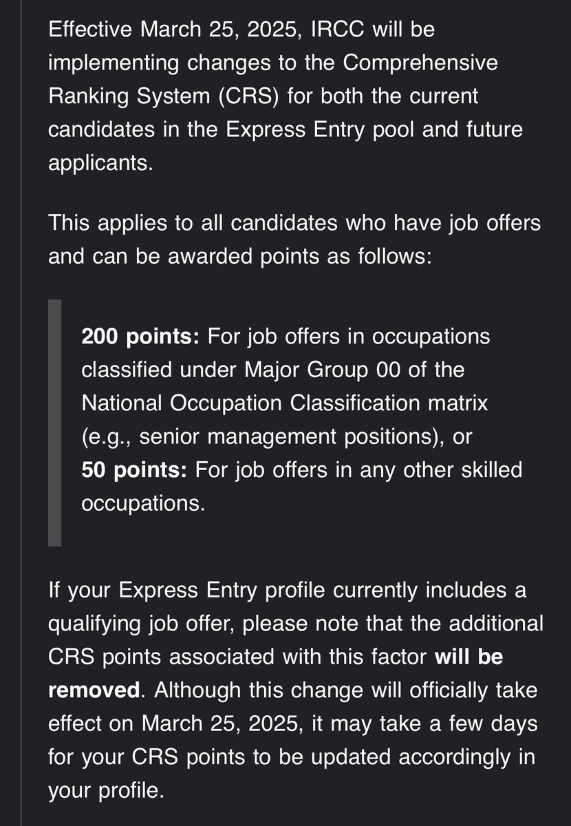 angrezRCIC's tweet image. It’s official - IRCC confirms #LMIA-based job offer points will be #removed from CRS scoring.
Starting March 25, 2025, arranged employment (50 or 200 points) will no longer boost Express Entry profiles.

This applies to both current and future candidates.

Candidates who already