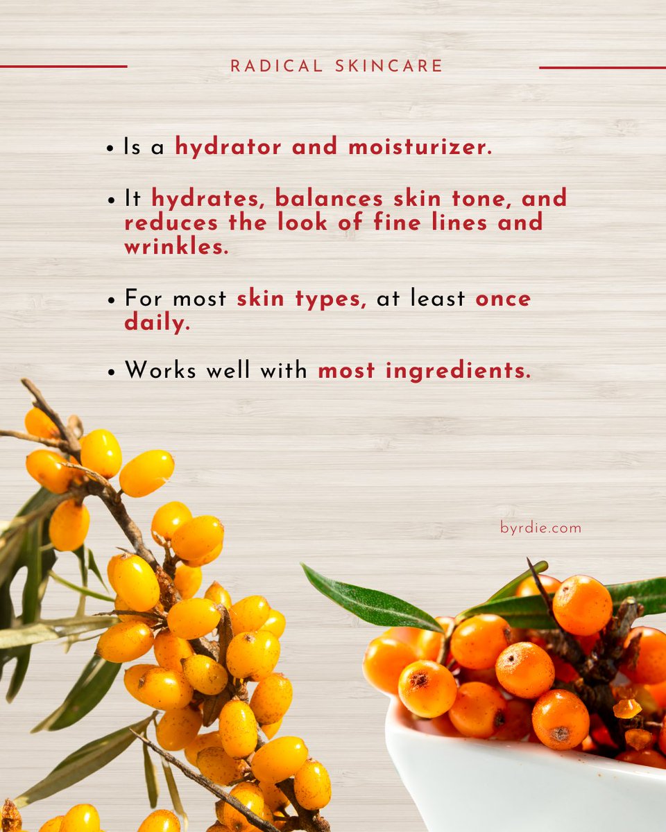 This powerhouse ingredient deeply moisturizes, balances skin tone, and smoothens fine lines for a radiant, youthful glow. Suitable for most skin types, and it works seamlessly with your routine.

#RadicalSkincare #SeabuckthornOil #HydratedSkin #AgelessGlow