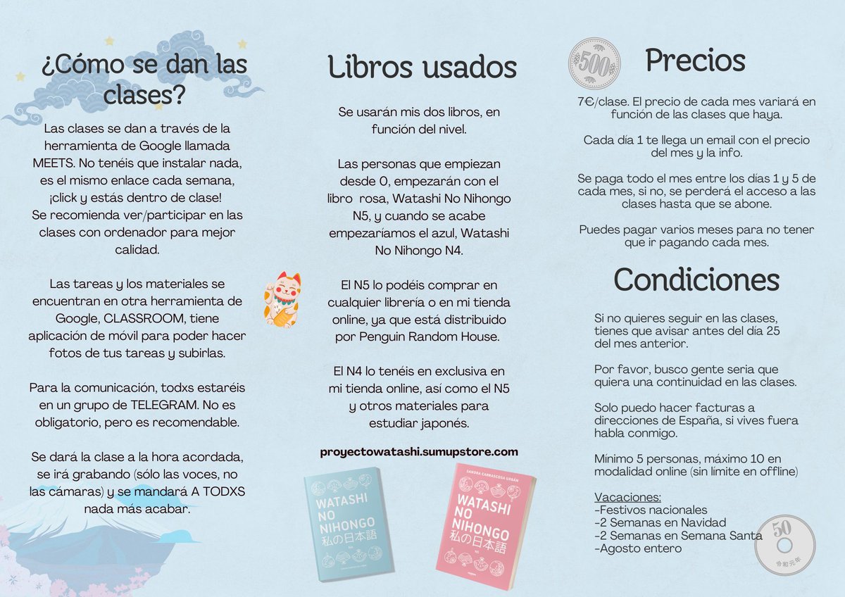 proyectowatashi's tweet image. &amp;lt;INFO CLASES DE JAPONÉS NIVEL 0 Y SUPERIOR&amp;gt;
ヤホ！Inscripción a mis grupos de japonés:
DOMINGO 6 DE ABRIL A LAS 12H MEDIODÍA
Me halaga mucho que se suele llenar rápido, así que apúntate justo a esa hora para garantizar tu plaza ^^
Folleto en PDF: buff.ly/RQp38C7