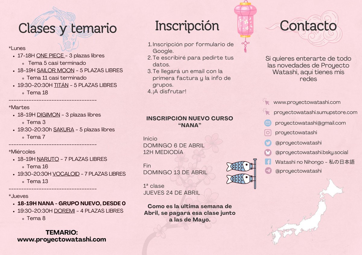proyectowatashi's tweet image. &amp;lt;INFO CLASES DE JAPONÉS NIVEL 0 Y SUPERIOR&amp;gt;
ヤホ！Inscripción a mis grupos de japonés:
DOMINGO 6 DE ABRIL A LAS 12H MEDIODÍA
Me halaga mucho que se suele llenar rápido, así que apúntate justo a esa hora para garantizar tu plaza ^^
Folleto en PDF: buff.ly/RQp38C7