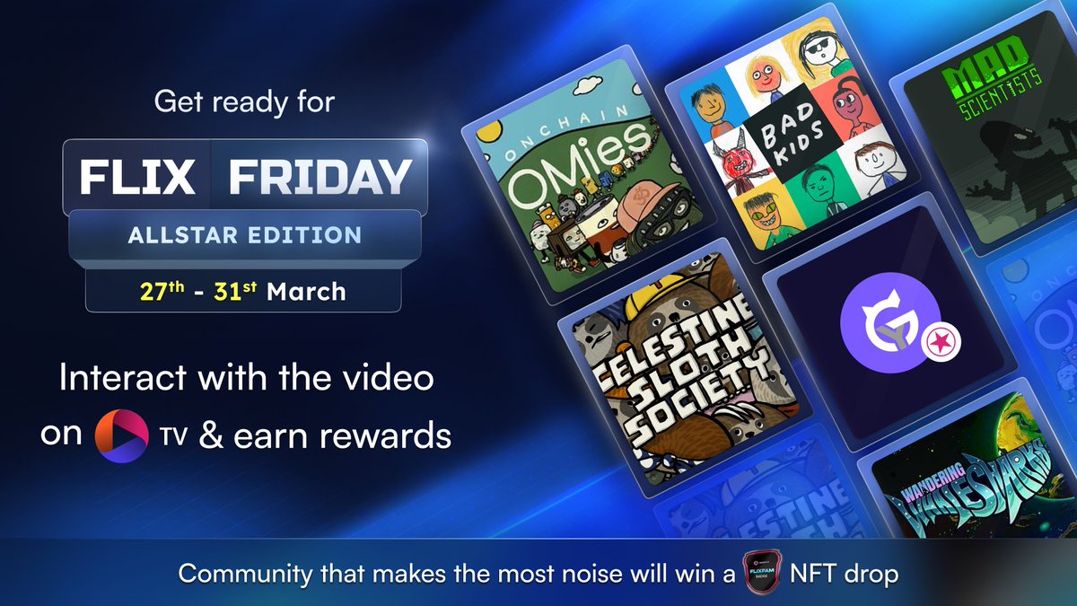 FLIX-Fanatics (@flixfanatics) on Twitter photo FlixFriday: ALLSTAR Edition goes LIVE on 27th March at 2PM UTC with 20,000 $FLIX in rewards for top <a href="/StargazeZone/">Stargaze ✨🔭</a> #NFT holders
The eligible collections are:
<a href="/badkidsart/">Bad Kids</a> <a href="/madscientists_x/">Mad Scientists 🧪</a>
<a href="/CelestineSloths/">CelestineSloths</a> <a href="/OnchainOMies/">OMies 🏡</a>
<a href="/WhaleSharkNFTs/">Wandering Whale Sharks 0_______0</a> <a href="/GataHubZone/">GATA HUB</a>
But until then — we’ve got FlixFriday: ALLSTAR Edition goes LIVE on 27th March at 2PM UTC with 20,000 $FLIX in rewards for top <a href="/StargazeZone/">Stargaze ✨🔭</a> #NFT holders
The eligible collections are:
<a href="/badkidsart/">Bad Kids</a> <a href="/madscientists_x/">Mad Scientists 🧪</a>
<a href="/CelestineSloths/">CelestineSloths</a> <a href="/OnchainOMies/">OMies 🏡</a>
<a href="/WhaleSharkNFTs/">Wandering Whale Sharks 0_______0</a> <a href="/GataHubZone/">GATA HUB</a>
But until then — we’ve got