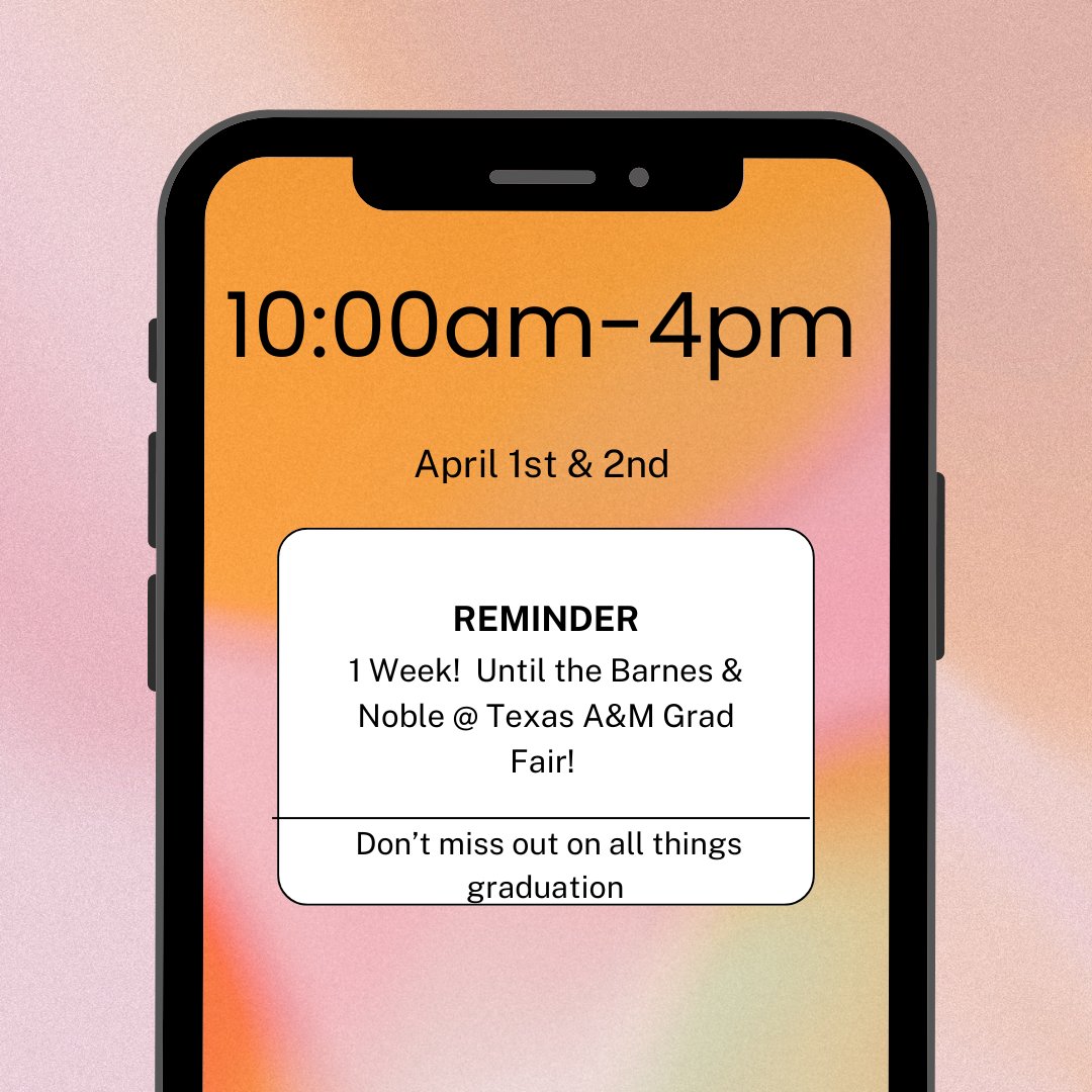 TAMUBookstore's tweet image. Don't forget to mark your calendars! 1 week until the Barnes and Noble @ Texas A&amp;amp;M Grad Fair! What are you most excited to find for graduation? Your stop for everything you need for graduation! #tamubookstore #2025grad