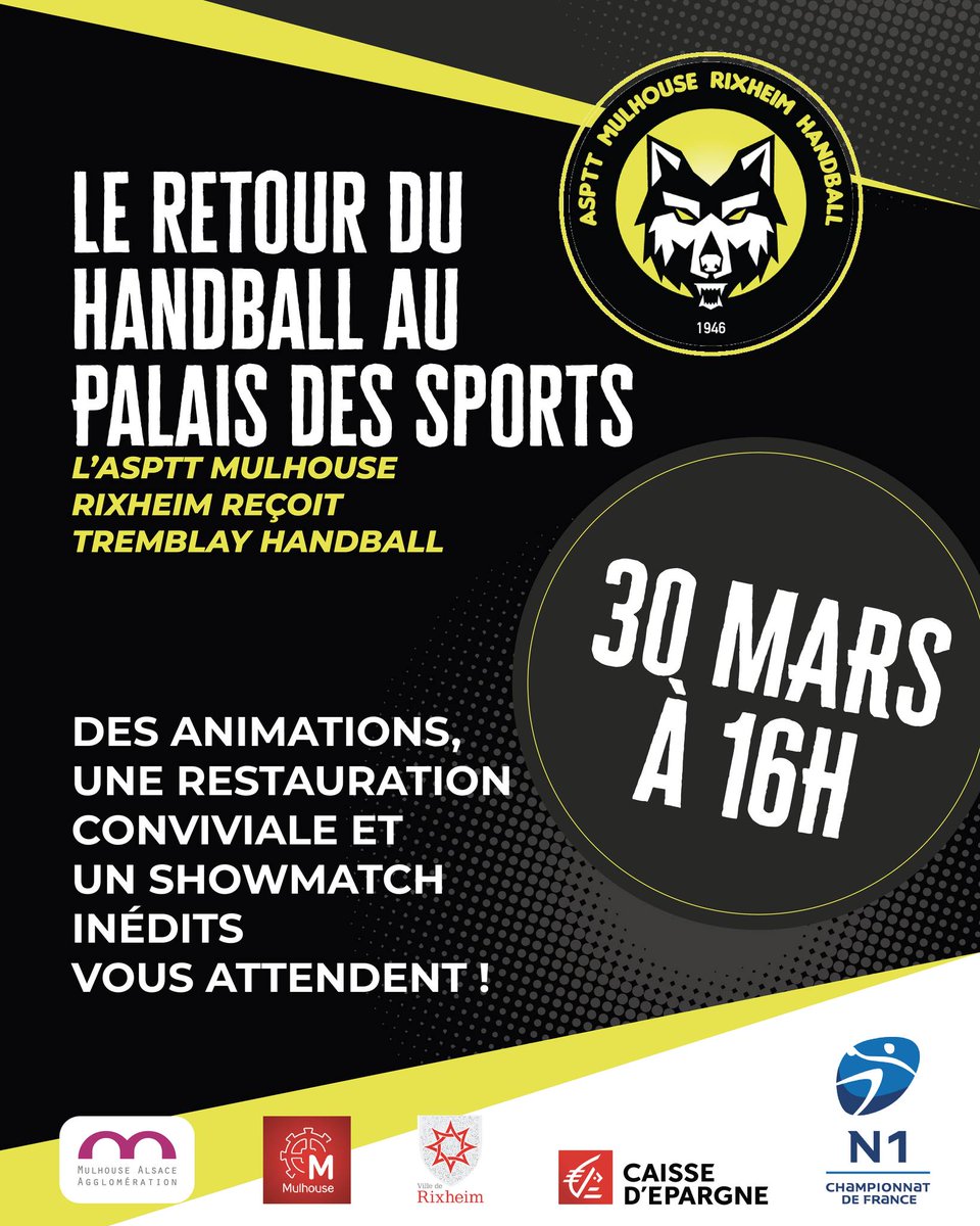Grand retour du handball au Palais des Sports de #m2A à #Mulhouse ! 🤾

🏆 Match de gala : ASPTT Mulhouse/Rixheim Handball 🆚 <a href="/TremblayHB/">Tremblay Handball</a>
📅 Dimanche 30 mars 2025 à 16h00 : mag.mulhouse-alsace.fr/les-loups-de-l…

<a href="/ffhandball/">FFHandball</a>
#ADNSport