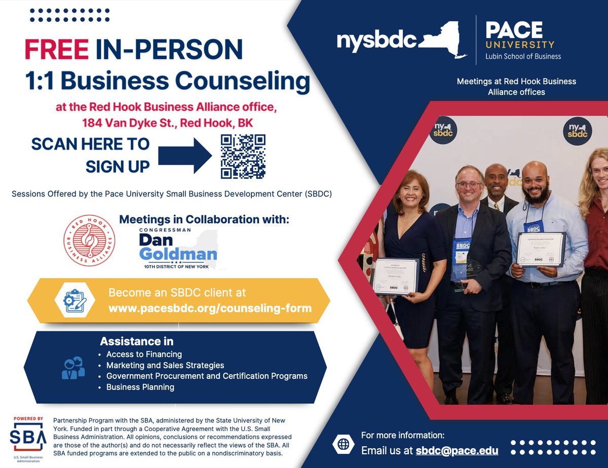 Join us on Wednesday, April 2nd, 2025, as the Pace University SBDC brings free 1:1 business counseling to Red Hook.

Reserve your spot today by filling out our counseling form at pacesbdc.org/counseling-form, or contact us for more information.