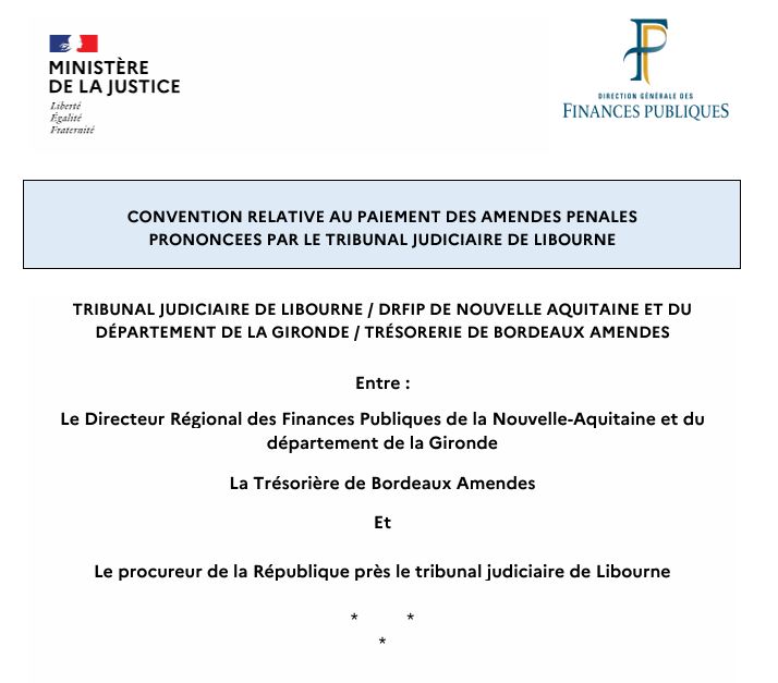 Signature ce jour au <a href="/TJLibourne/">Tribunal judiciaire de Libourne</a> d’une convention avec la DRFIP relative au paiement des amendes par le procureur de la République <a href="/lraschel/">Loïs Raschel</a> et le directeur régional des finances publiques Samuel Barreault

#BEX