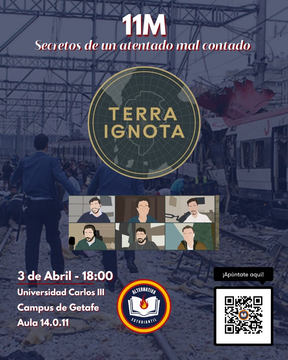 Alternativa_EE's tweet photo. Como las autoridades se niegan a contarnos la verdad, @TerraIgnota viene con nosotros a la @uc3m para esclarecer los eventos ocurridos el 11M.

¡Os esperamos a todos el 3 de abril a las 18:00 en el aula 14.0.11 del campus de Getafe! https://t.co/r2ZwAMzQqp