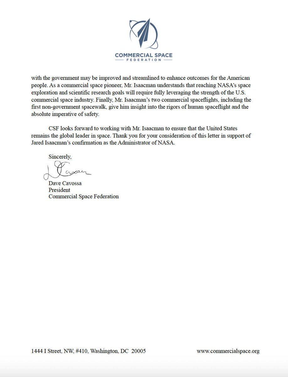 Commercial Space Federation (@csf_spaceflight) on Twitter photo CSF supports the confirmation of <a href="/rookisaacman/">Jared Isaacman</a> to be the next NASA Administrator. Mr. Isaacman is ideally suited to lead NASA at this critical time, and CSF looks forward to working with him to ensure that the U.S. remains the global leader in space. CSF supports the confirmation of <a href="/rookisaacman/">Jared Isaacman</a> to be the next NASA Administrator. Mr. Isaacman is ideally suited to lead NASA at this critical time, and CSF looks forward to working with him to ensure that the U.S. remains the global leader in space.