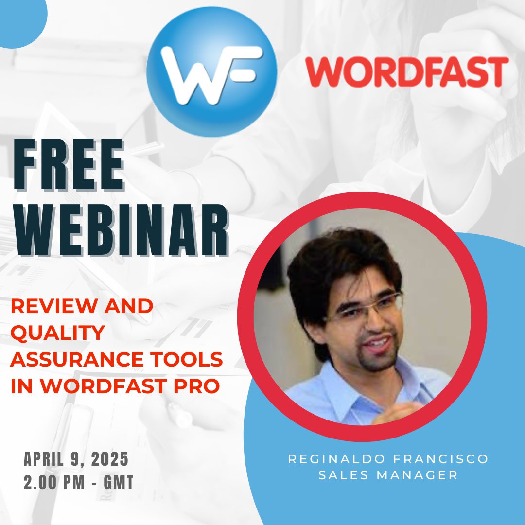 Wordfast (@wordfast) on Twitter photo Free Webinar Alert!
Join us for “Review and Quality Assurance Tools in Wordfast Pro” with Reginaldo Francisco! 
register.gotowebinar.com/register/18814…
#WordfastPro #TranslationTools #CATTools #FreeWebinar #Localization #TranslationTech #wordfast #translators Free Webinar Alert!
Join us for “Review and Quality Assurance Tools in Wordfast Pro” with Reginaldo Francisco! 
register.gotowebinar.com/register/18814…
#WordfastPro #TranslationTools #CATTools #FreeWebinar #Localization #TranslationTech #wordfast #translators